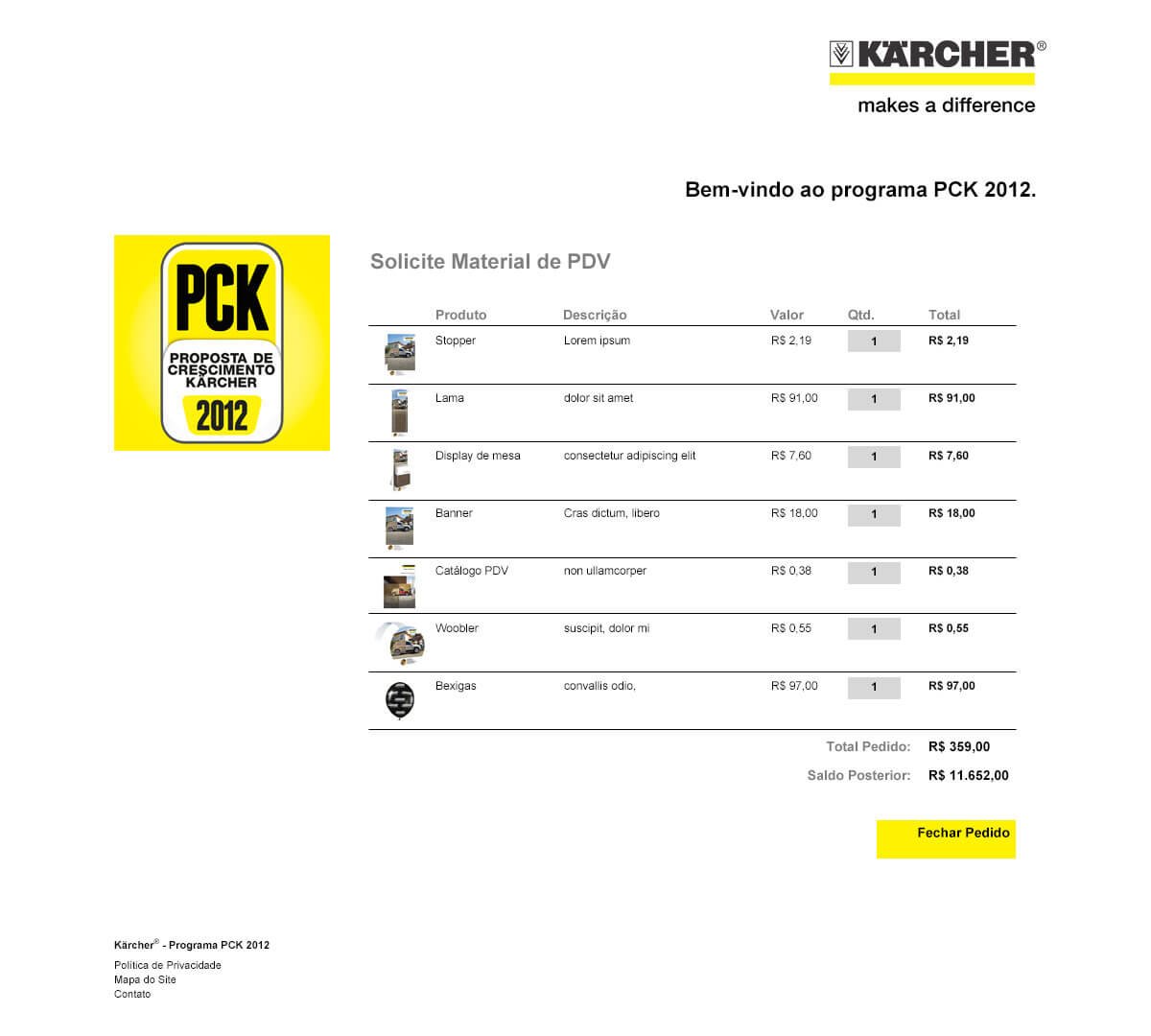 Programação hotsite Kärcher PCK - Página Pedidos